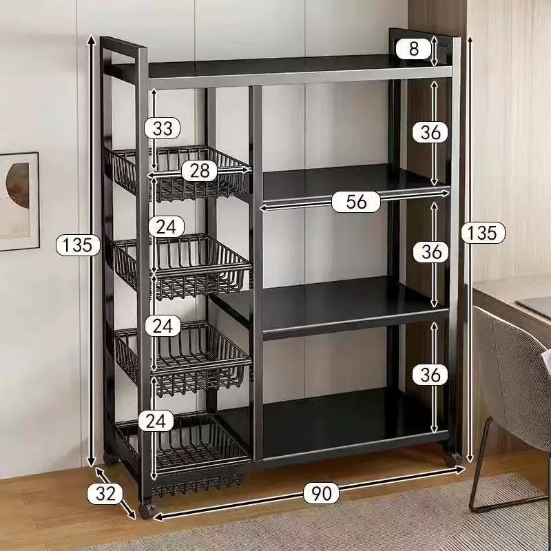 [Multi-Purpose] Metal Rolling Kitchen Storage Rack with Open Baskets – Black 3-Tier / 4-Tier Wheeled Organizer Cart, Multifunctional Floor Storage Stand, Efficient Space-Saving Kitchen Organizer and Storage Rack