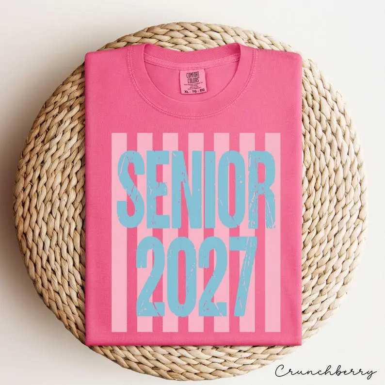 Stripes Senior 2027 Girls  Comfort Colors T-Shirt, Class of 2027 Tee, Graduation Matching School Shirt, Graduation Gift, Class Of 2027 Shirt, High School Senior Tee, Graduation Shirt, Full Size, Full Color