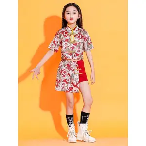 Chinese Style Performance|   Boys and Girls Hip-hop Street Dance Suits, Chinese Style Jazz Catwalk Performance Outfits, Kids' Chinese Style Qipao|   Casual Style, Regular Fit, Stand Collar, Sleeveless, All Over Print, Summer Season, Chinese Size