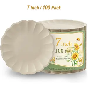 WELLIFE 100 Count 9/7 Inch Party Paper Plates - Compostable & Eco-Friendly, Natural Scalloped Plates Disposable Dinner Plates for Picnic,Birthday-100% Sugarcane,Leak Resistant