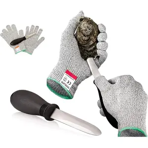 Professional Oyster Shucking Knife Set - Includes 3.5" Stainless Steel Oyster Shucker with Non-Slip Handle & Bent Tip, Kitchen Cutting Gloves - Food-Grade, Dishwasher-Safe Seafood Tools Set - Large