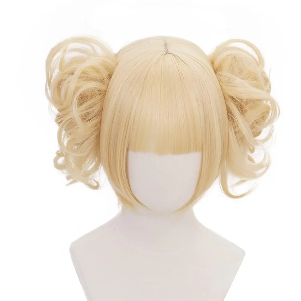 Anime Game Blond Wigs Women Short Straight Wig with Two Curly Bun Hair In-Toga Style Adult COS Hero-Role Wig Halloween,Christmas,Carnivals,Party