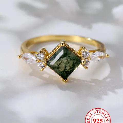 S925 Sterling Silver Elegant Square Shaped Green Moss Agate Decorated Ring, Exquisite Trendy Ring, Fashionable Jewelry Accessories for Women & Girls, Elegant Everyday Ring, Elegant Fashion Rings, Beautiful Rings