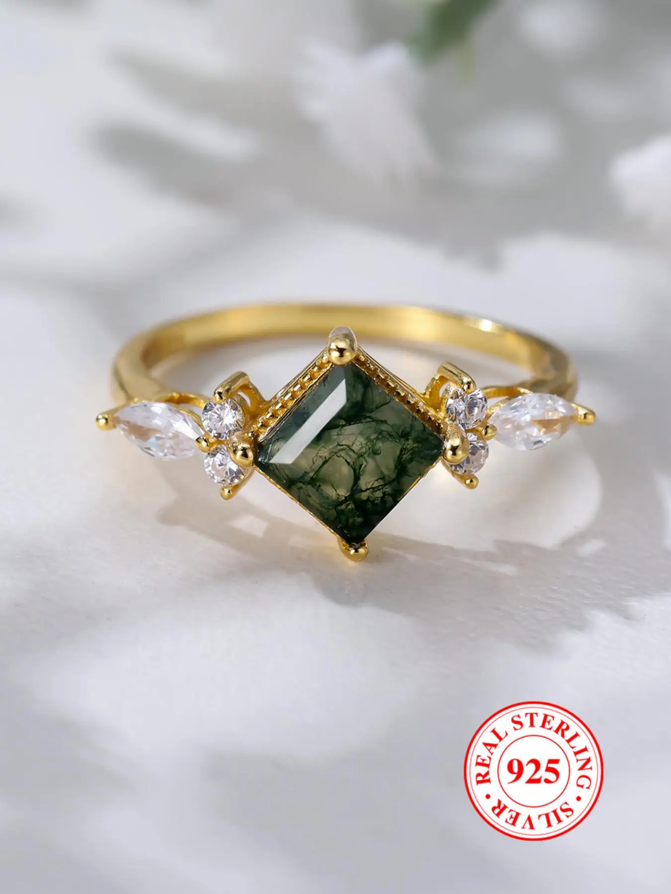 S925 Sterling Silver Elegant Square Shaped Green Moss Agate Decorated Ring, Exquisite Trendy Ring, Fashionable Jewelry Accessories for Women & Girls
