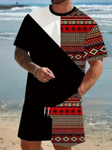 Men's African-style casual suit - black and white ethnic Print pattern short-sleeved jacket and trousers, suitable for summer, beach, and everyday outings.