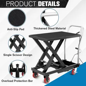 Black Manual Single Scissor Hydraulic Lift Cart, 330 LBS Load Capacity, 28.5 Inch Lifting Height, 4 Rolling Wheels & Non-Slip Platform Pad, for Material Handling & Transport
