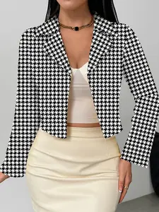 Women's Four Seasons Short Cardigan Jacket, Reversible Long Sleeve Tweed Print Houndstooth, Fashion Chic Casual Elegant Business Outerwear, Fitted