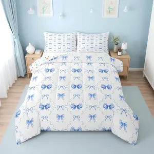 Feelyou Breathable Microfiber Bow Comforter Set - Blue and White Bow Print, Multi-Size Bedding, Coquette Style with Cute Blue Ribbon Bowknot, Girls' Princess Room Decor