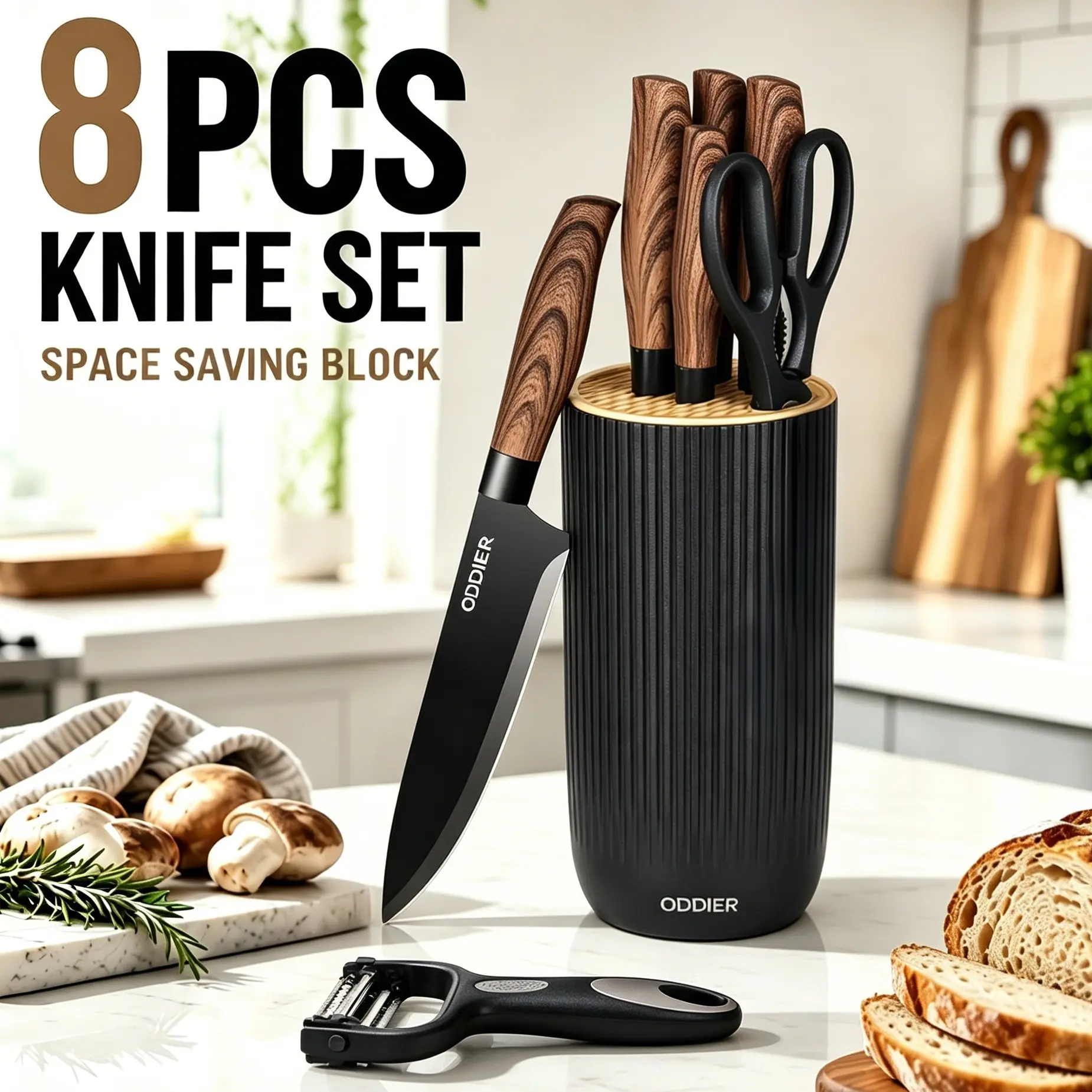 8-Piece Kitchen Knife Block Set - Knives Kitchen Set with Universal Block, Scissors, Peeler, Compact Space-Saving Design, Easy-to-Clean, Dishwasher Safe, Gift Box for Home Use