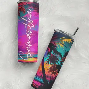 Beach Colorful Sunset - Personalized - 20oz Skinny Tumblers - with lid & 2 straws