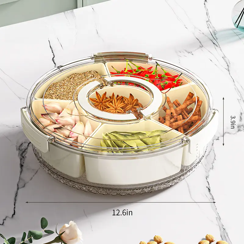 Divided tray with lid and handle, portable fruit and snack storage box, rotating round vegetable tray, suitable for kitchen, parties, travel, and picnics