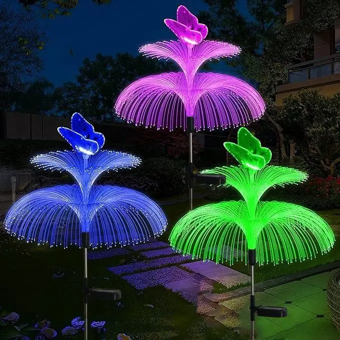 Solar Garden Lights 2 Pack - 7 Color Changing Double Jellyfish & Butterfly Designs for Christmas Pool Outdoor Decor