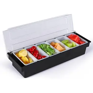 Ice Cooled Condiment Container, 6 Compartments Garnish Tray with Lid, Fruit Veggie Condiment for, Bar