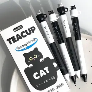 4 Pieces Cute Tea Cups Set with Fun Animal Design, Cat Gender-Neutral 0.5mm Quick-Drying Rotating Pocket Funny Teacher Pens for Office & Learning