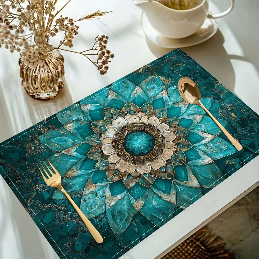4/6pcs, Mandala Turquoise Table Mats Featuring a Stylish Print Design, Suitable for Dining Tables, Kitchens, Parties, Indoor Use, Holidays, Dinner Gatherings, And Home Decoration (Table Mats) Measuring 12.0X18.0 inch YACP598