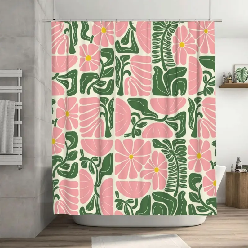 Abstract Floral Print Shower Curtain, Decorative Shower Curtain, Waterproof Punch Free Shower Curtain with 12pcs Hooks, Bathroom Decor Accessories