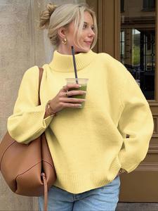 solid color casual high neck long sleeve sweater, thin fabric fitted style for fall & winter, comfortable women's knitwear