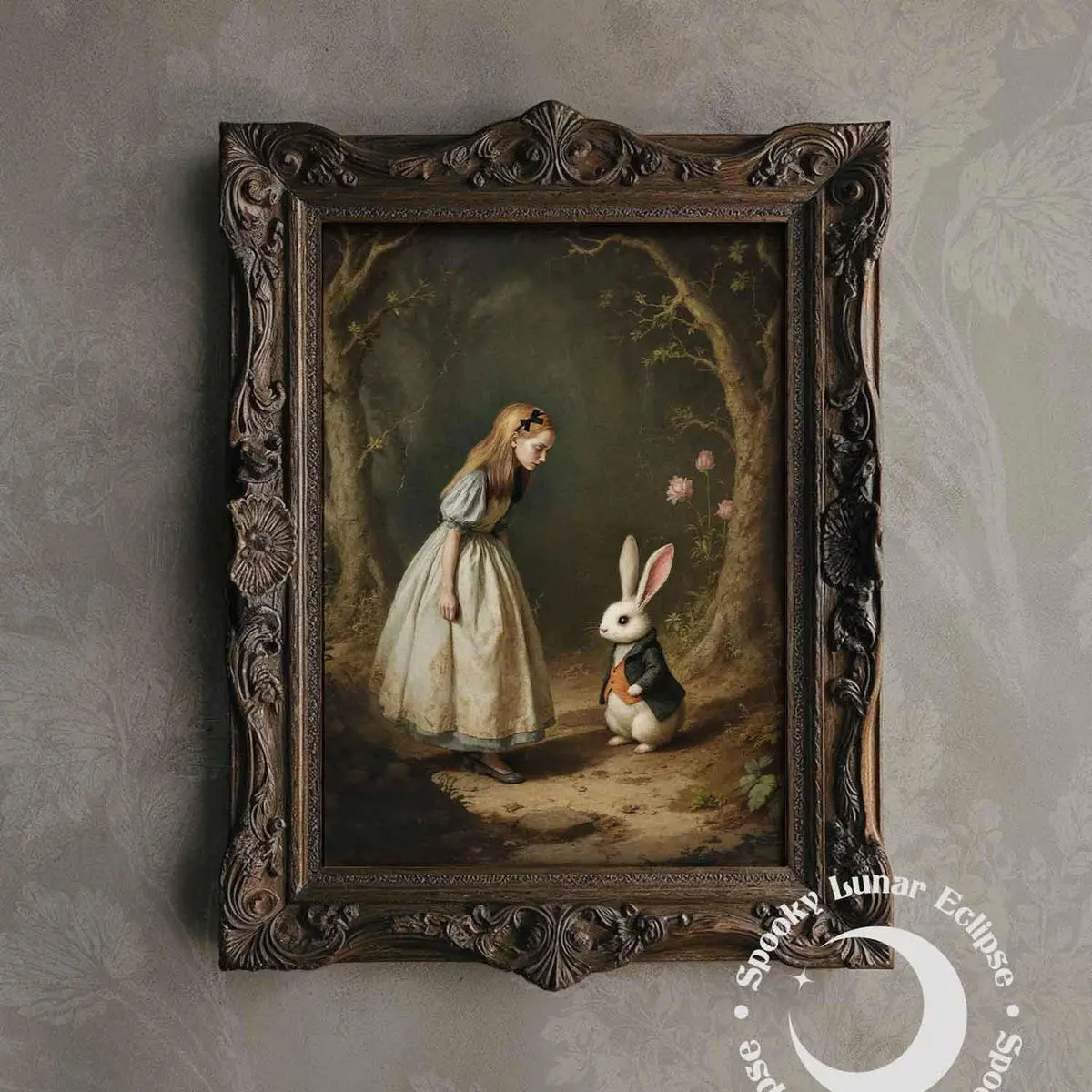 Room Decor, Alice in Wonderland with White Rabbit Print Art Unframed, Antique Fairytale Print Tea Party Wall Decor Dark Academia Poster Fantasy Wonderland Artwork