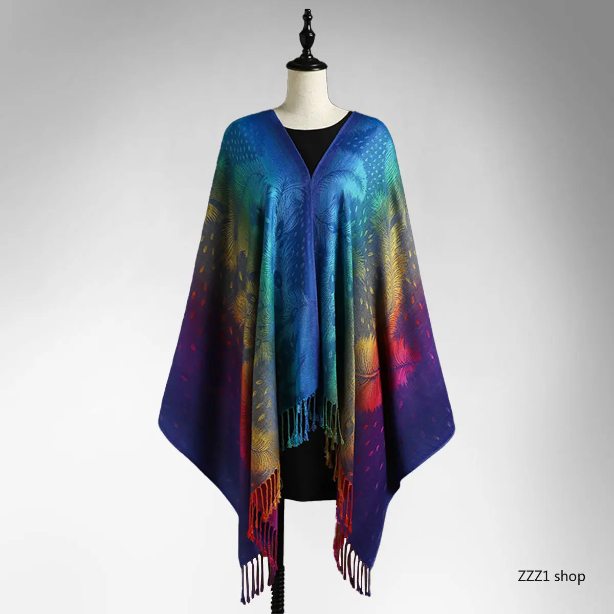 Bohemian Rainbow Gradient Shawl - Jacquard Pashmina Wrap with Luxury Feather & Tassel Trim, Sports & Outdoor Accessory for Holiday Parties, Travel, Accessories, Clothing, Feathers, Outfits, Women's Clothes, One Size