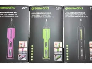 Greenworks 4V Screwdriver with 26-Piece Accessory Kit colors pink, green, black