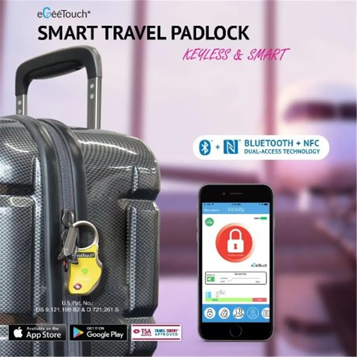 eGeeTouch Smart Travel Padlock with Patented Dual Access Technologies NFC plus BT, Vicinity Tracking - Yellow, Tsa Approved Lock, Luggage Lock, Smart Lock