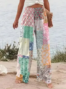 Plus Size Patchwork Print Plicated Shirred Wide Leg Pants, Casual Lounge Pants, Boho Casual High Waist Trousers, Casual Bohemian Trousers for Daily Vacation Holiday Wear, Women's Bottoms for All Seasons