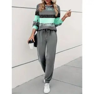 Trendy Two-Piece Patchwork Print Outfit - Women's Casual Clothing - Crew Neck Long Sleeve T-Shirt & Jogger Pants Set with Comfortable Fit and Stylish Design