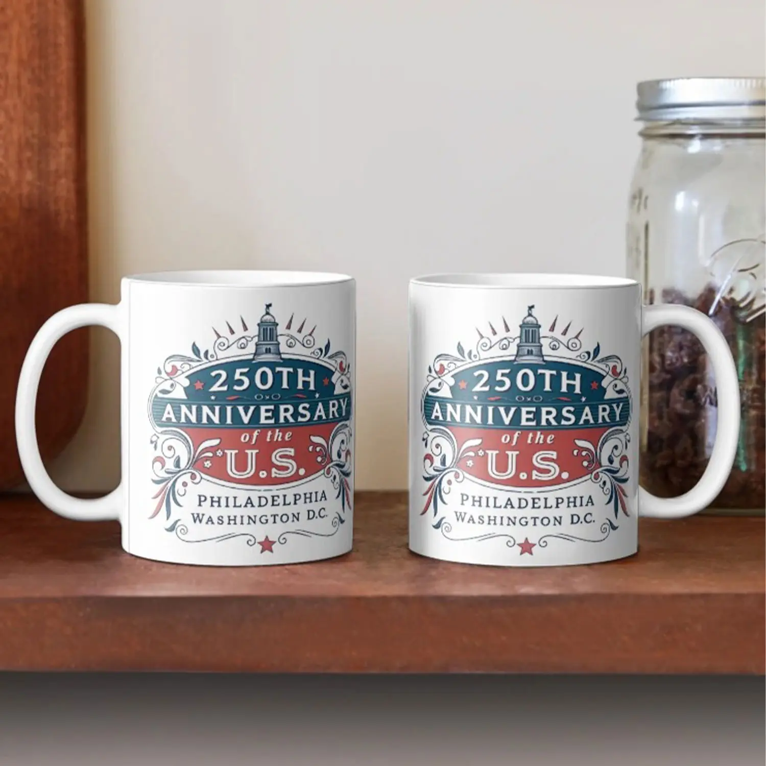 U.S. 250th Anniversary Mug, Vintage Red, White & Blue Landmark Design Featuring Philadelphia & Washington D.C., Perfect Gift for July 4th, History Lovers, and Collectors