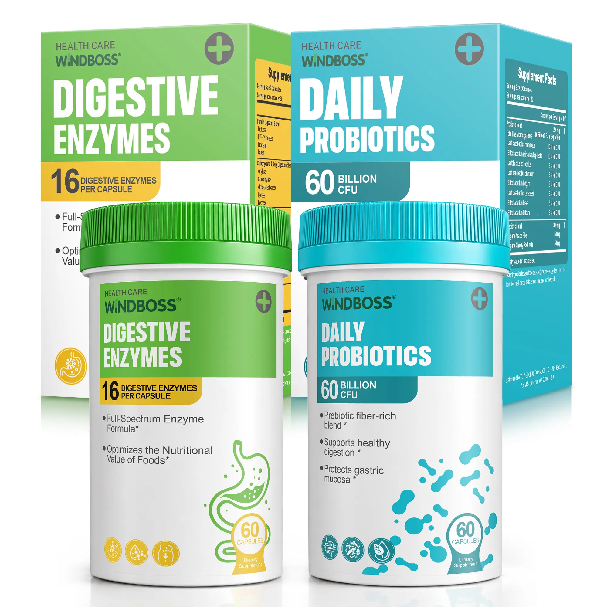 Windboss Hack Your Tummy Bundle: Digestive and Overall Wellness Support with Digestive Enzymes and 60 Billion CFU Probiotics