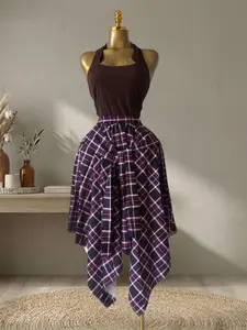 QFAF Women's 2-Piece Outfits Womenswear Brown Halter Tank Top and Plaid Skirt Set Asymmetric Handkerchief Hem Tartan Midi Skirt with Tied Waist Decor for School Going Out Daily Casual Wear