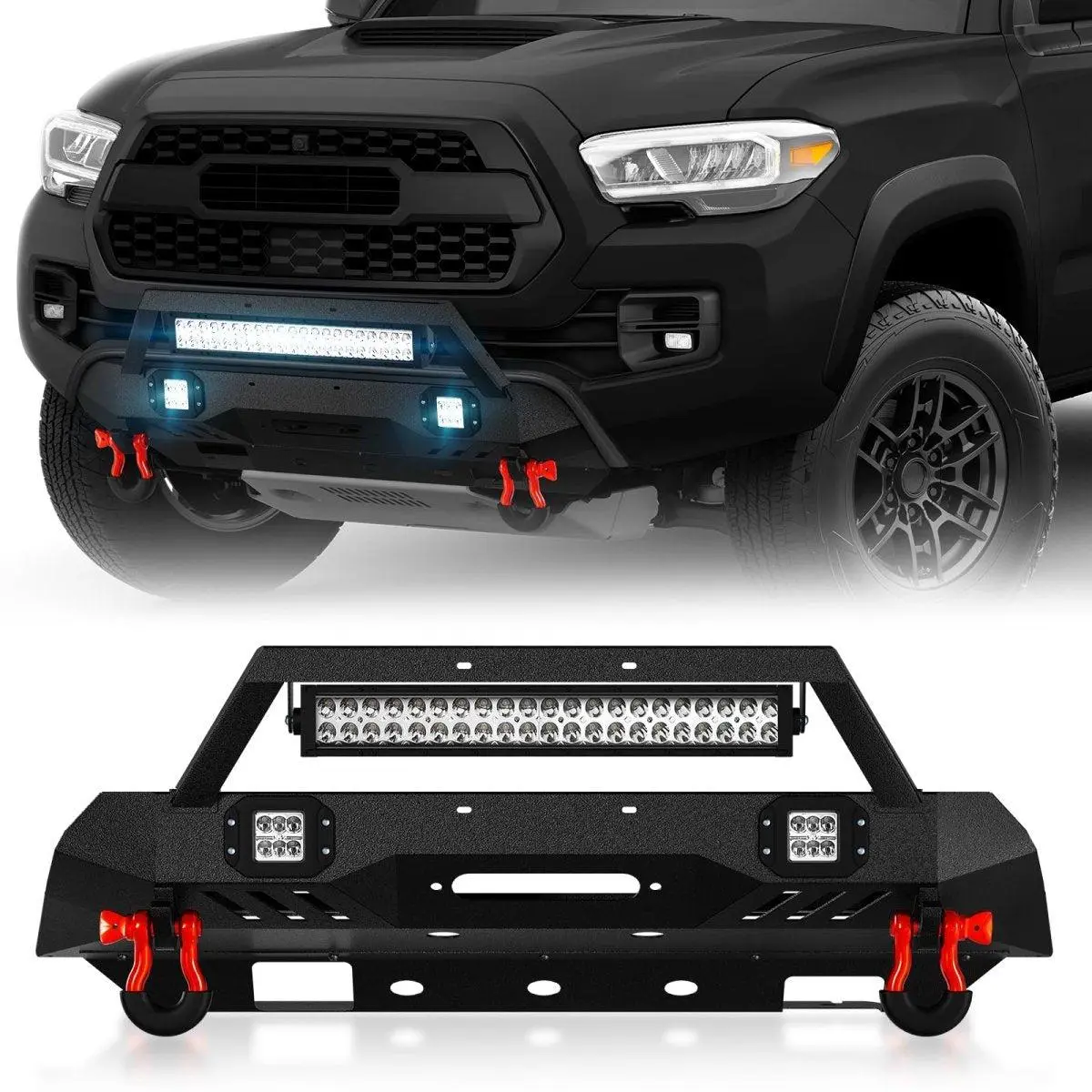 【YZONA】Front Bumper for 2016-2023 Toyota Tacoma 3rd Gen, Automotive Exterior Accessory with 120W LED Light Bar, 18W LED Spotlights & Durable Skid Plate, Car Accessories for Auto Parts Needs