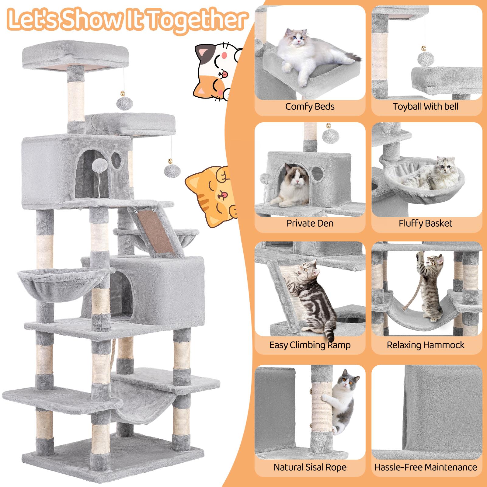 Cat Tree, 67-Inch Tall Tower for Indoor Cats with 2 Perches,2Big Condos, 2 Hammocks, Basket, Scratching Pad, LargeCatFurniture and Condo, Light Gray