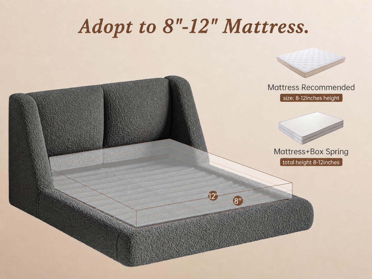 [15 Mins Assembly] Raybee Cloud Bed Frame with 5" Thick Ergonomic Wingback Headboard Soft Boucle Upholstered Low Profile Platform Bed, Bump-Resistant Rounded Corners, Anti-Slip Noise-Free, 880LBS Capacity for Bedroom, Dorms, Apartment, Beige, Black, Gray