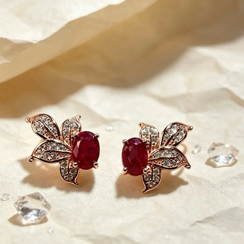 <PingEast Jewelry> Ruby Butterfly Floral Stud Earrings ️  Featuring a 0.75 ct oval-cut natural Burmese ruby from the prestigious Mogok region, these exquisite earrings showcase the highly sought-after pigeon blood red color.