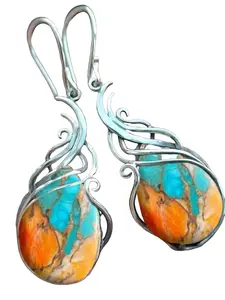Bohemian Fire Pattern Turquoise Drop Earrings | Silver Plated Spiral Design Dangle Earrings for Women