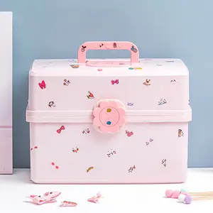 1x Foldable 3-Layer Jewelry Storage Box with Handle and Lock Pink Organizer for Hair Clips Headbands Ribbons Cosmetics Washi Tape