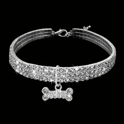 3 rows of rhinestone elastic necklace dog chain cat crystal collar pet supplies small dog jewelry, Pet dog rhinestone adjustable necklace Puppy