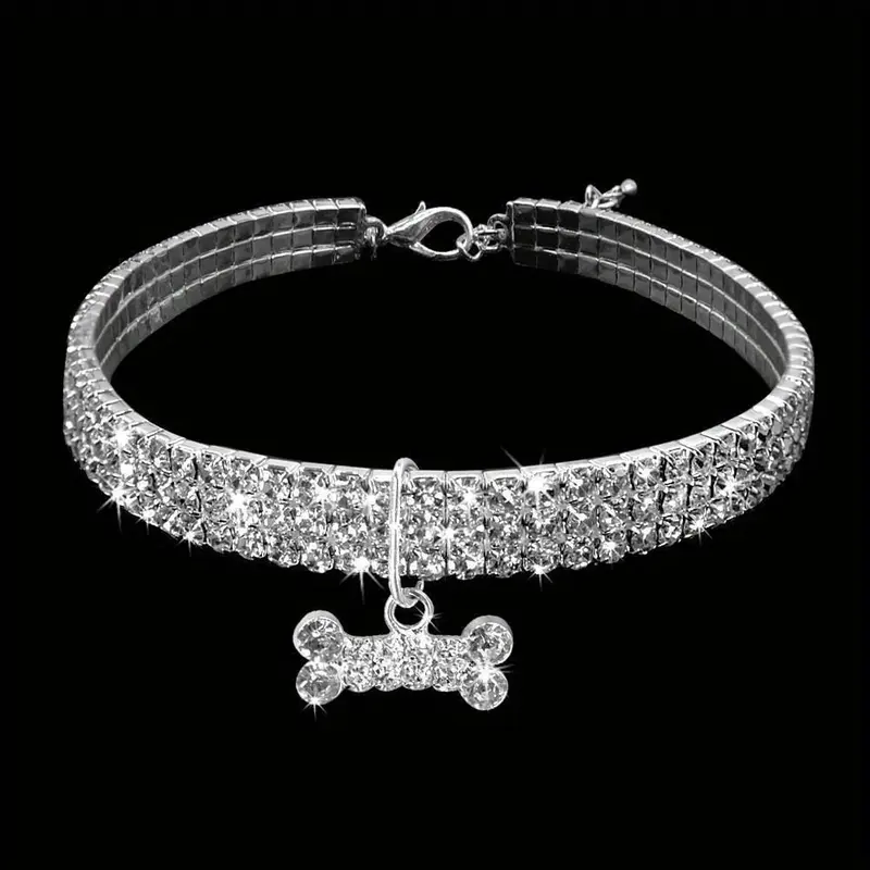 3 rows of rhinestone elastic necklace dog chain cat crystal collar pet supplies small dog jewelry, Pet dog rhinestone adjustable necklace Puppy