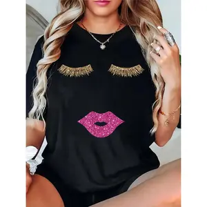 Women's Black T-Shirt with Golden Glitter Eyelashes & Pink Glitter Lips - Ideal for Party, Date, Casual Wear