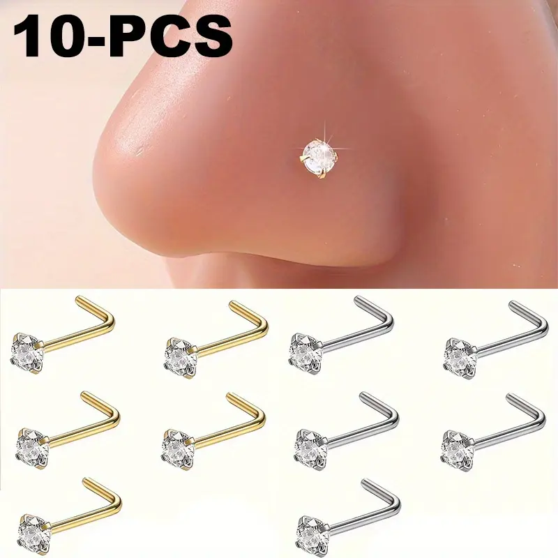 10Pcs Stainless Steel Simple Golden & Silvery Nose Rings Ear Studs Set Boho L-shaped Nose Nostril Piercing Body Jewelry Women Shiny Cubic Zirconia Nose Screw Ear Stud Ring L-shaped Nose Stud Set