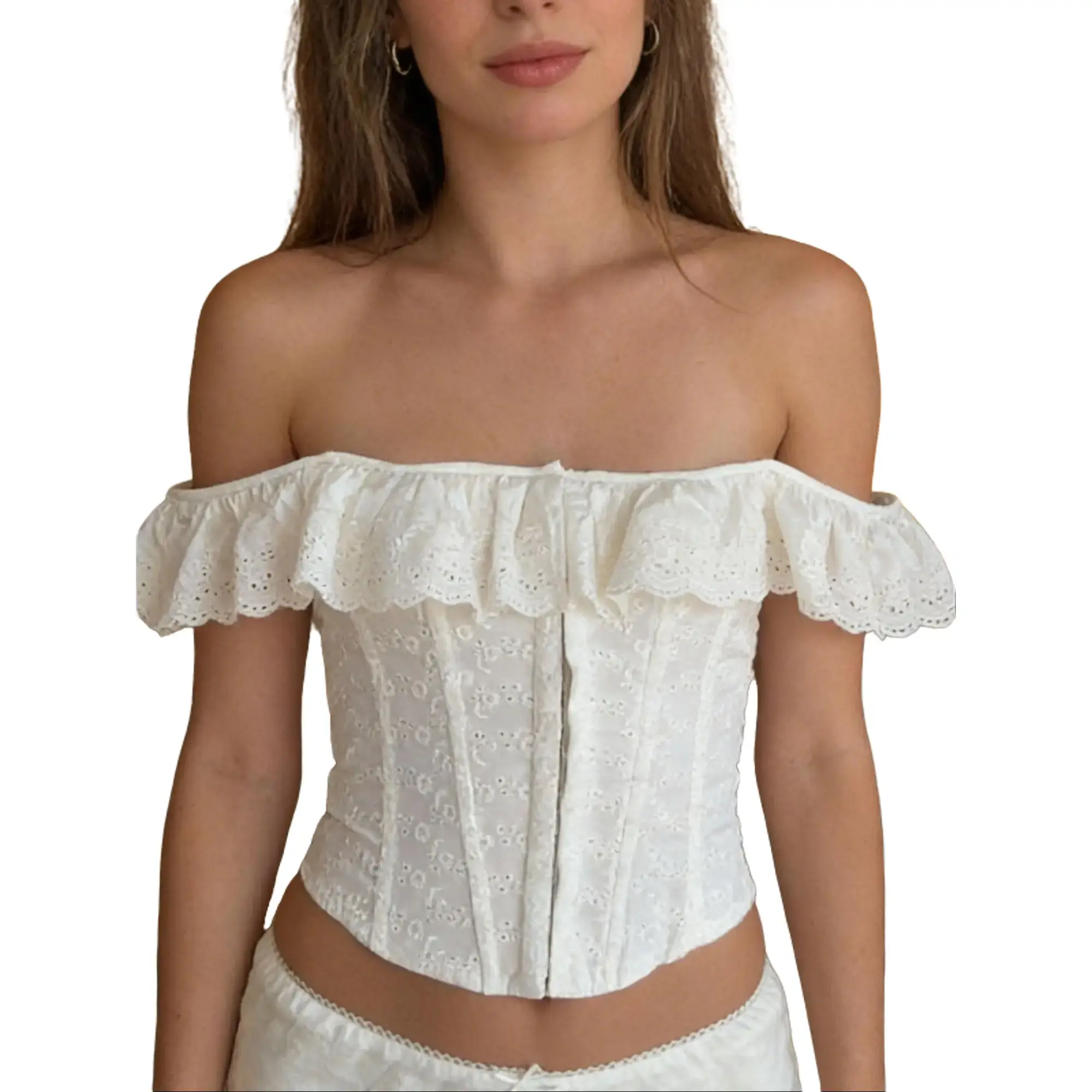 Frilled Breasted Waistcoat Top Ladies Fashion Mesh Trim Strapless Corset Sexy Backless Lace-up Shirt Party Party Club Outfit