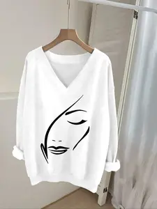 Elegant Women's Casual Top, V-Neck Long Sleeve Sweatshirt, Geometric Graphic Print, Ribbed Hem, Fitted French Style, Suitable for All Seasons, Womenswear, Lady