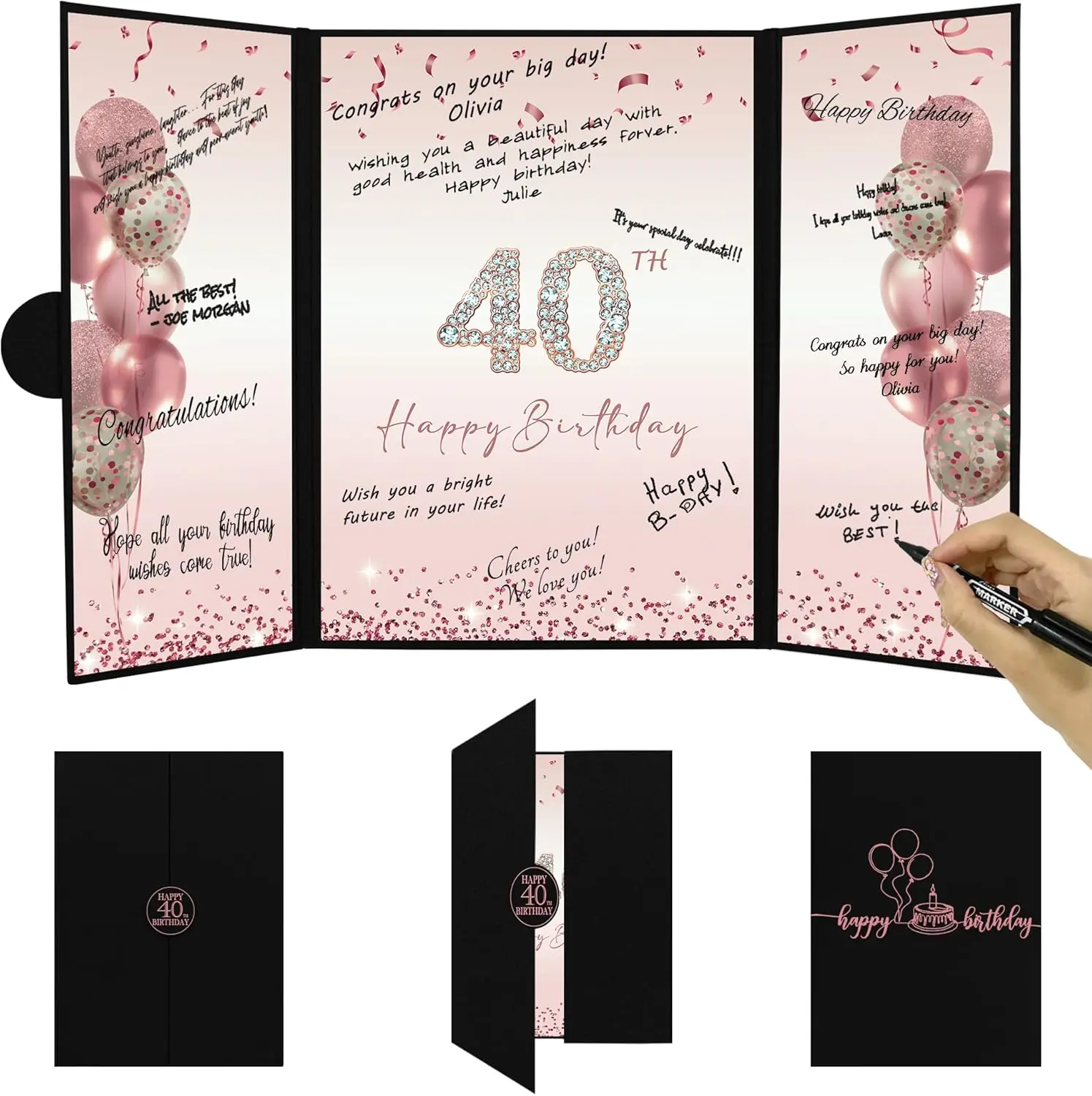 Rose Gold 40th Birthday Party Decorations for Women Happy 40th Birthday Alternative Signature Guest Book Black Pink 40 Birthday Signing Card Board Party Supplies Cheers to 40 Years Old Gift Set