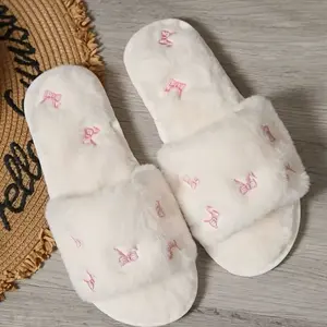 Women's Cozy Bow Slippers - Plush Fuzzy Indoor Shoes with Pink Bow Design for Comfortable Wear