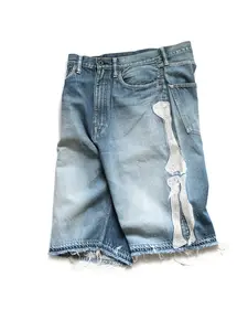 Y2K Vintage Denim Jorts Washed Denim Shorts Letter Embroidery Tassels Baggy American Retro Harajuku Hip Hop Style Casual Streetwear Summer Fashion Pants