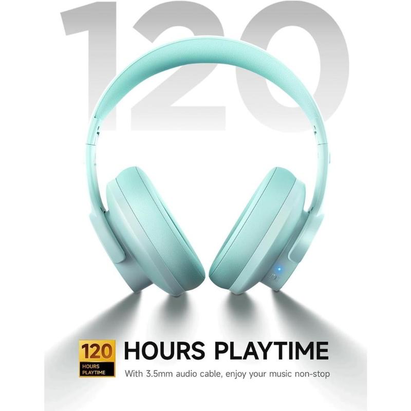 Over Ear Bluetooth Headphones, 120H Playtime, 3 EQ Modes, Low Latency, Hands-Free Calls, Deep Bass for Travel, Home, Office & PC (Cyan)