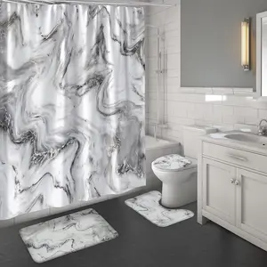 4 Pcs Bathroom Sets with Shower Curtain and Rugs, Grey Marble Shower Curtain Sets with Rugs, Modern Abstract Shower Curtain for Grey Bathroom Decor