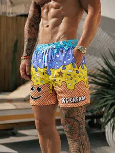 Mens Graphic Swim Trunks Y2K Ice Cream Drip Print Cartoon Beach Shorts All Over Sprinkle Doodle Elastic Drawstring Relaxed Fit Novelty Board Shorts Pop Art Streetwear Vacation Pool Party Resort Cruise Surf Water Park Festival Seaside Holiday Summer Outfit