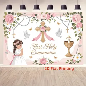 2D Flat 1PC Polyester Banner, First Holy Communion Theme, Pink Rose Dove Chalice Design, Ideal for Communion Ceremony, Church Event, Indoor Backdrops, Indoor Outdoor Decor, Wall Hanging Backdrop, Durable Polyester, Easy to Hang, Multi-size Available