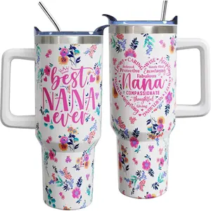 40oz Stainless Steel Insulated Tumbler Set - Insulated Travel Cup, Dual-Tumbler Water Bottles, Sealed Airtight Plastic-Free Drinkware with Handle, Lid, Straw, Portable Nana Birthday Gift from Grandkids